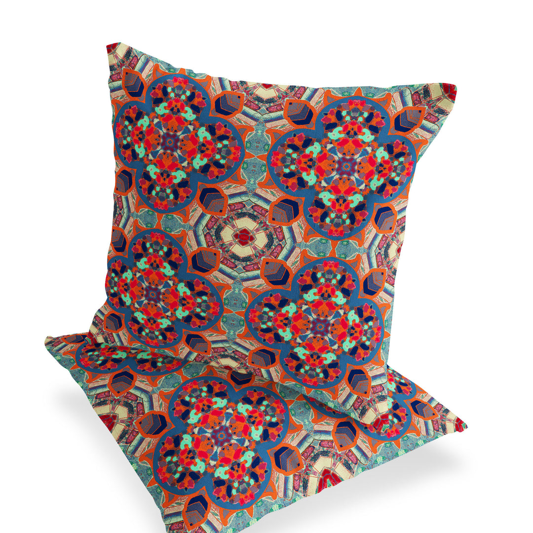 Set of Two 16" X 16" Blue and Orange Blown Seam Floral Indoor Outdoor Throw Pillow