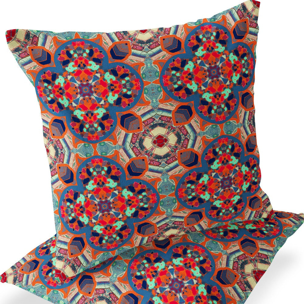 Set of Two 16" X 16" Blue and Orange Blown Seam Floral Indoor Outdoor Throw Pillow