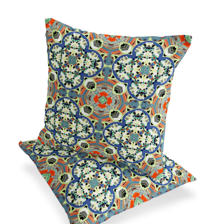 Set of Two 16" X 16" Blue and Orange Blown Seam Floral Indoor Outdoor Throw Pillow