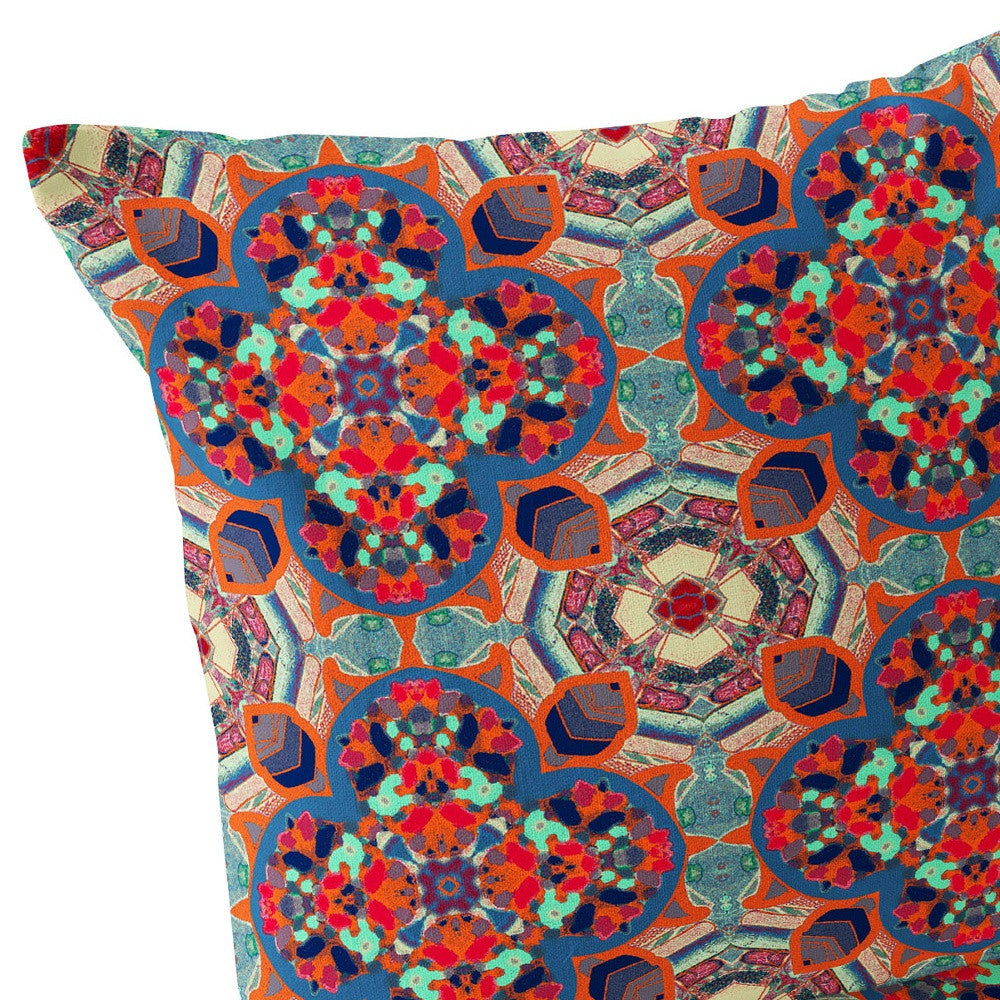 Set of Two 16" X 16" Blue and Orange Blown Seam Floral Indoor Outdoor Throw Pillow