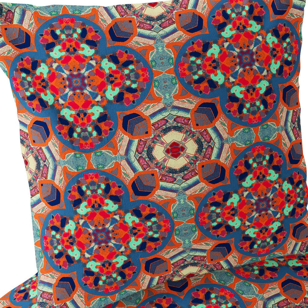 Set of Two 16" X 16" Blue and Orange Blown Seam Floral Indoor Outdoor Throw Pillow