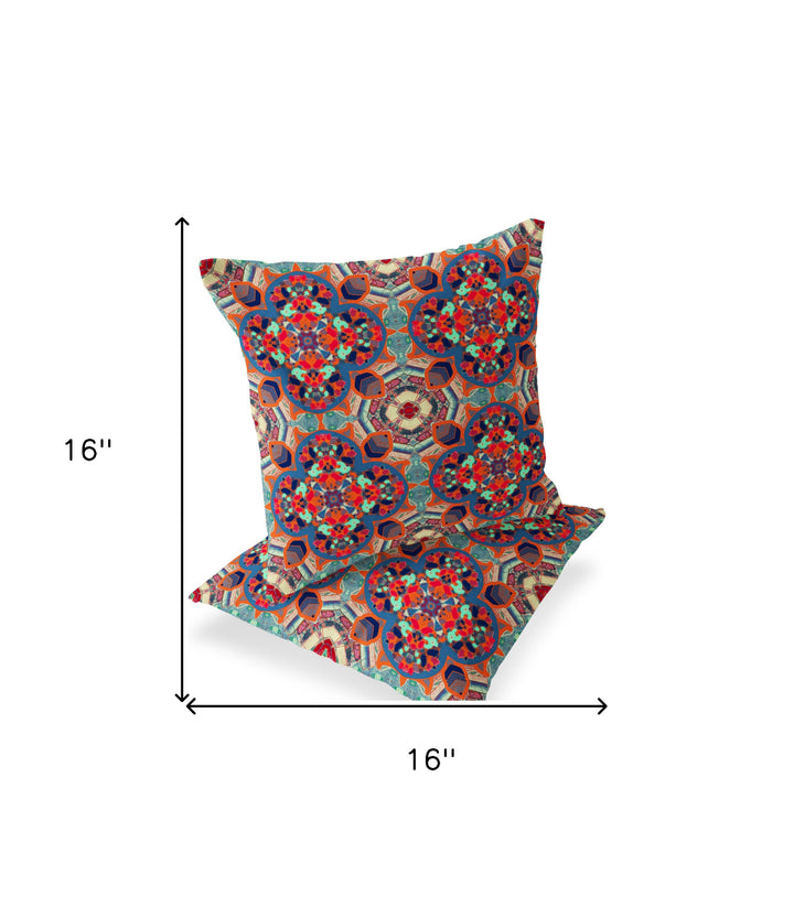 Set of Two 16" X 16" Blue and Orange Blown Seam Floral Indoor Outdoor Throw Pillow