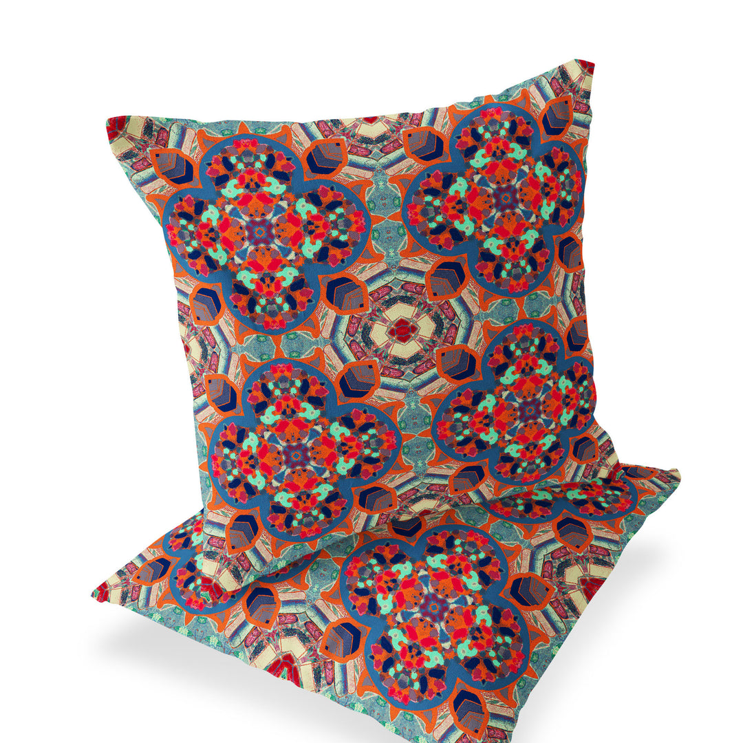 Set of Two 16" X 16" Blue and Orange Blown Seam Floral Indoor Outdoor Throw Pillow