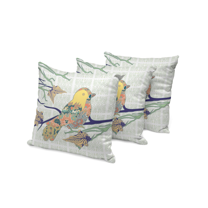 Set of Three 16" X 16" Green and White Bird Indoor Outdoor Throw Pillow