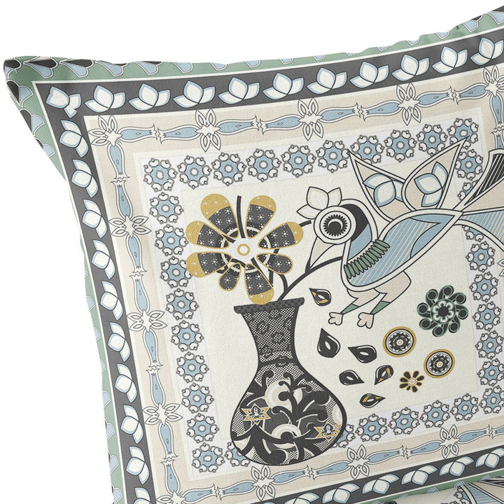 Set of Two 16" X 16" Black and Gray Peacock Blown Seam Floral Indoor Outdoor Throw Pillow