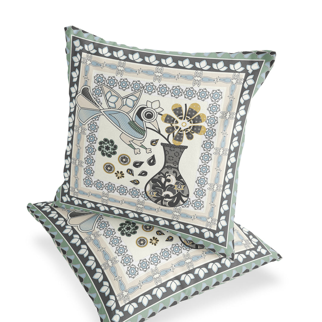 Set of Two 16" X 16" Black and Gray Peacock Blown Seam Floral Indoor Outdoor Throw Pillow