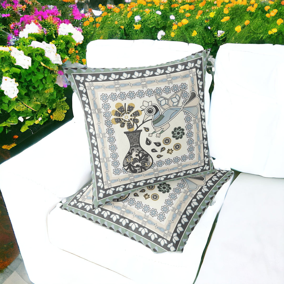 Set of Two 16" X 16" Black and Gray Peacock Blown Seam Floral Indoor Outdoor Throw Pillow