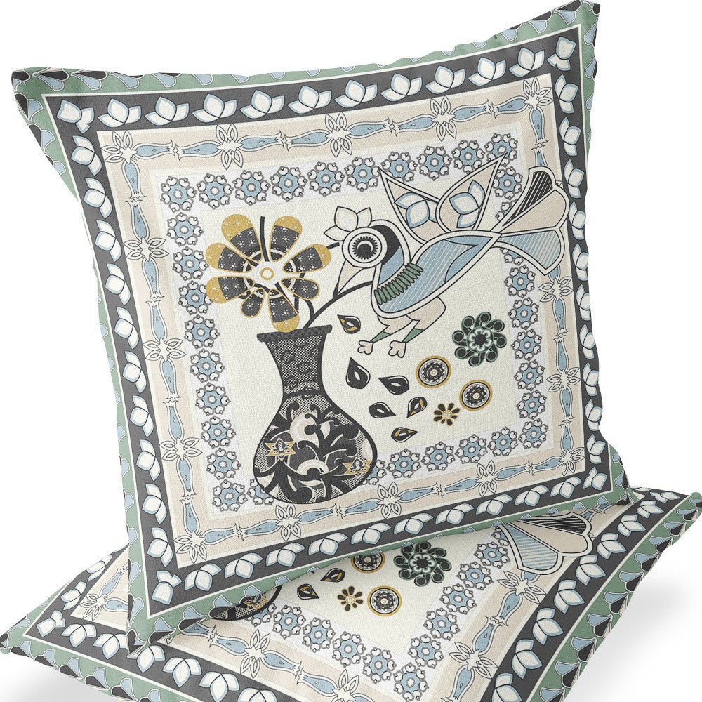 Set of Two 16" X 16" Black and Gray Peacock Blown Seam Floral Indoor Outdoor Throw Pillow