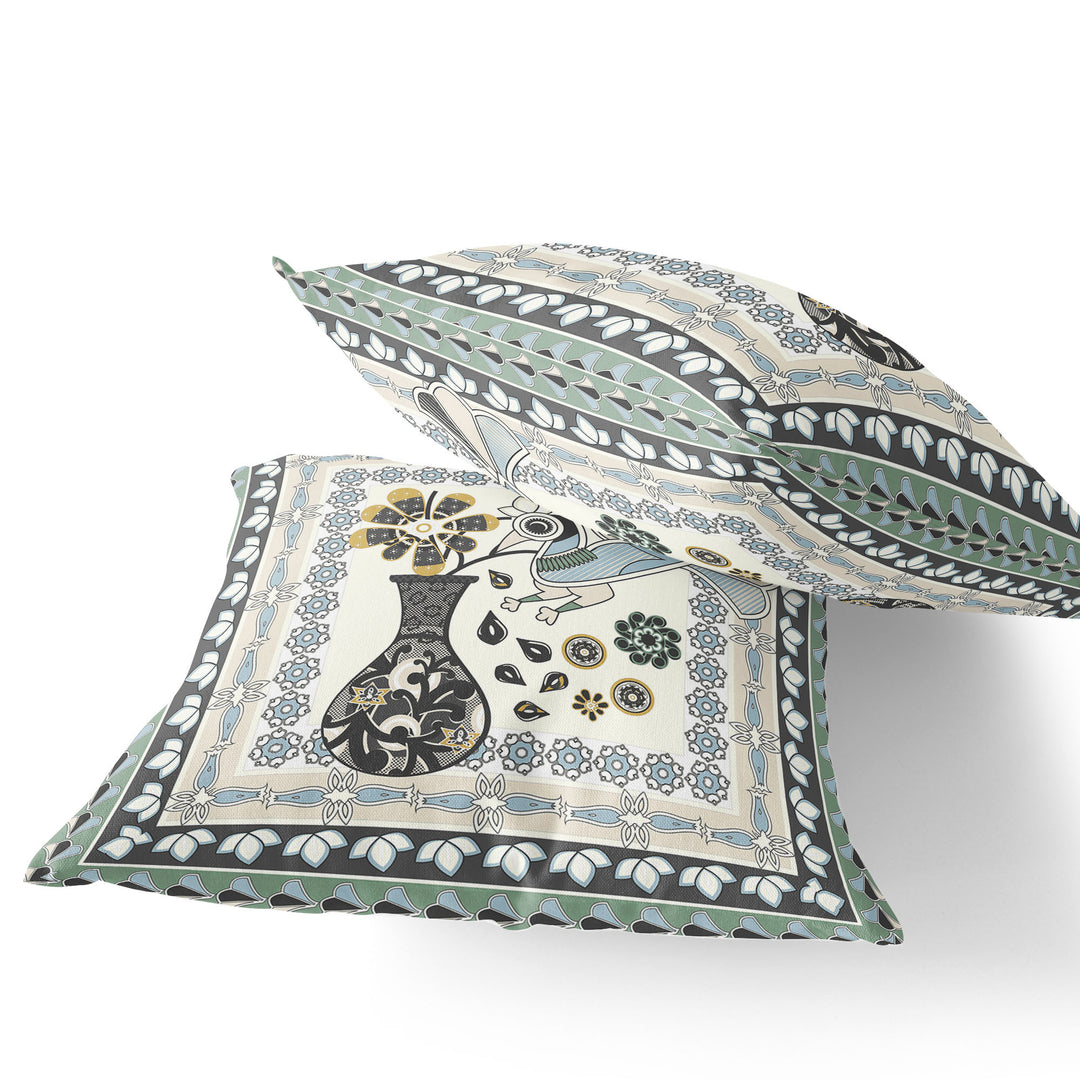 Set of Two 16" X 16" Black and Gray Peacock Blown Seam Floral Indoor Outdoor Throw Pillow