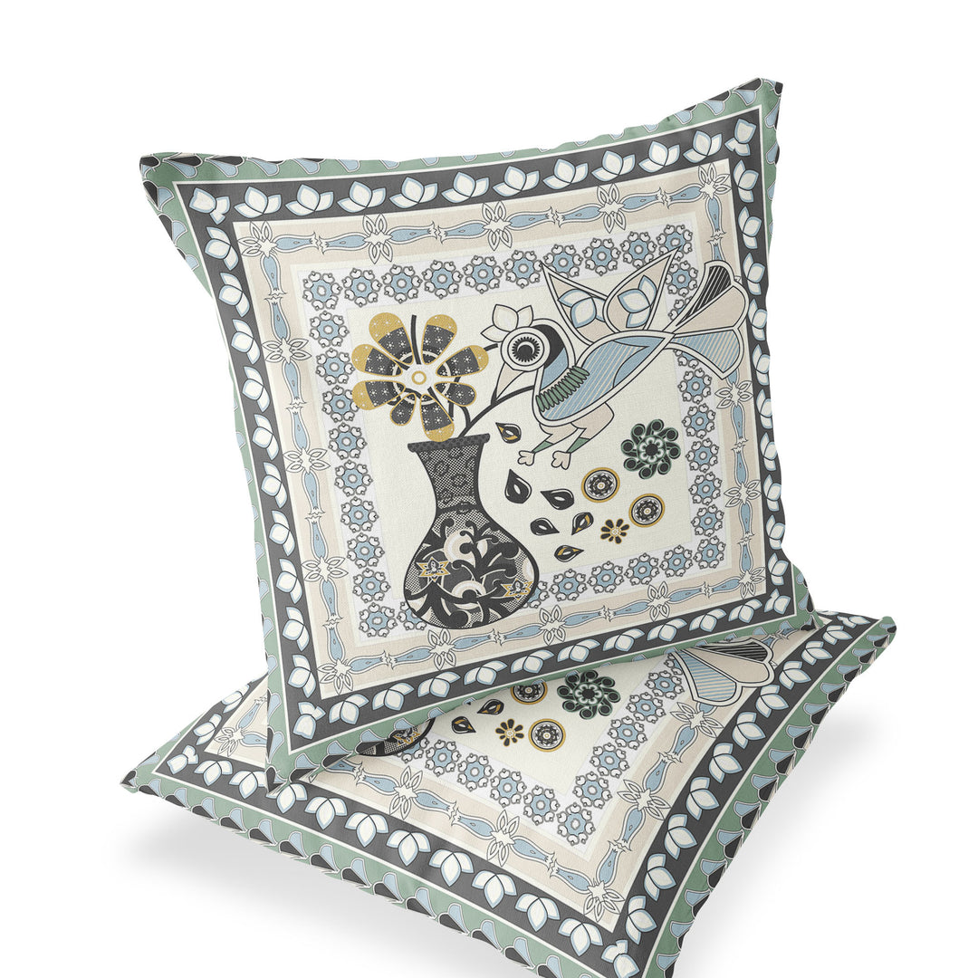 Set of Two 16" X 16" Black and Gray Peacock Blown Seam Floral Indoor Outdoor Throw Pillow