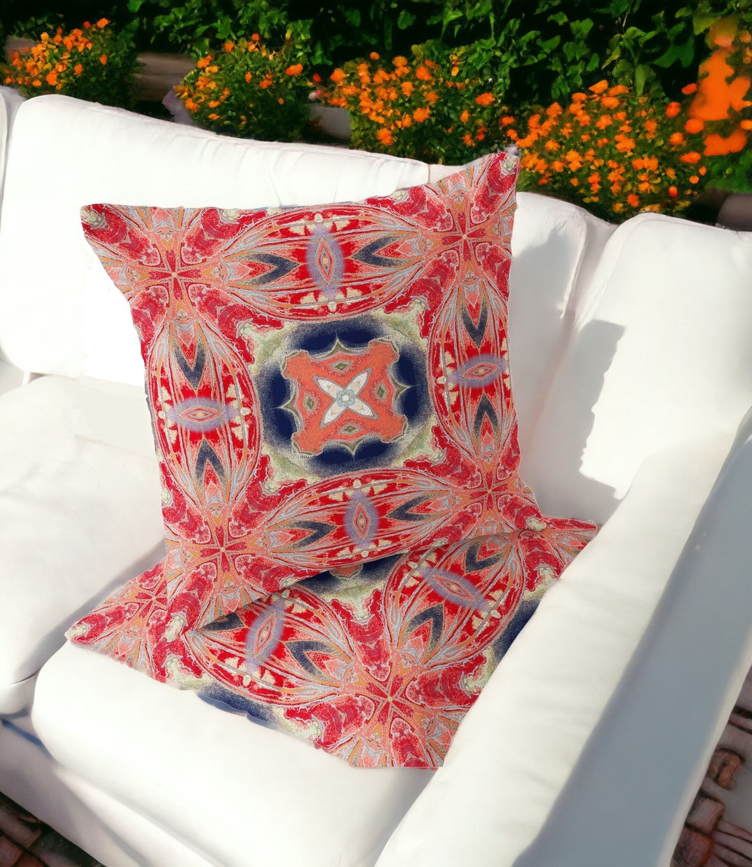 Set of Two 16" X 16" Green and Red Blown Seam Floral Indoor Outdoor Throw Pillow