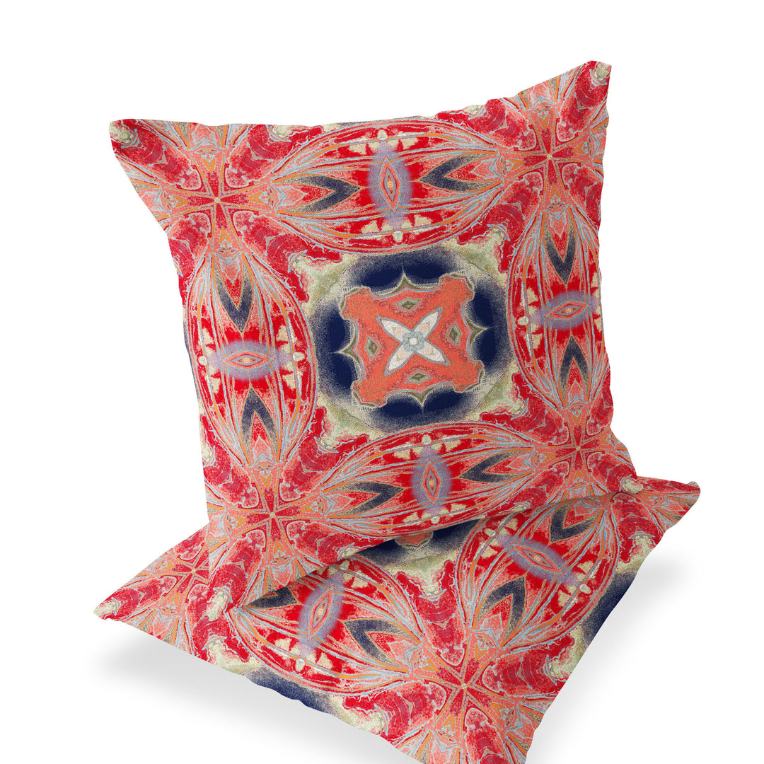 Set of Two 16" X 16" Green and Red Blown Seam Floral Indoor Outdoor Throw Pillow