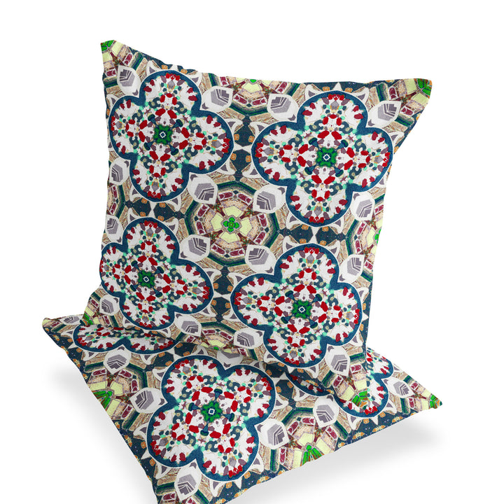 Set of Two 16" X 16" Green and White Blown Seam Floral Indoor Outdoor Throw Pillow