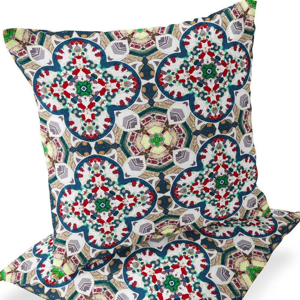 Set of Two 16" X 16" Green and White Blown Seam Floral Indoor Outdoor Throw Pillow