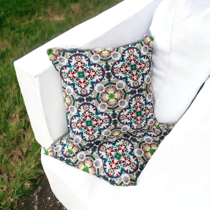 Set of Two 16" X 16" Green and White Blown Seam Floral Indoor Outdoor Throw Pillow