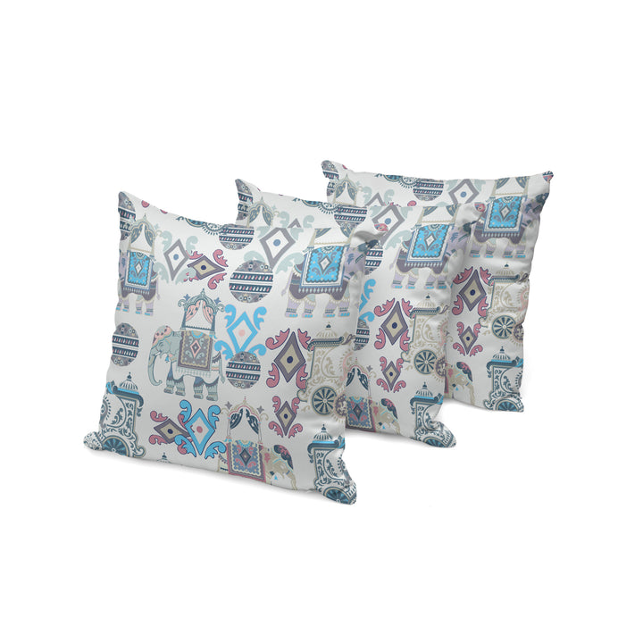 Set of Three 16" X 16" Beige and Blue Elephant Abstract Indoor Outdoor Throw Pillow