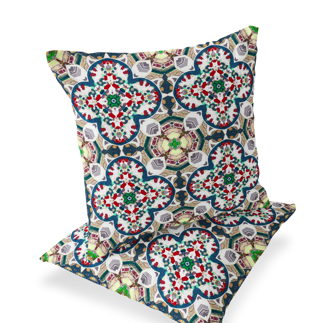 Set of Two 16" X 16" Green and White Blown Seam Floral Indoor Outdoor Throw Pillow