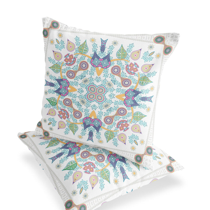 Set of Two 16" X 16" Yellow and White Blown Seam Paisley Indoor Outdoor Throw Pillow