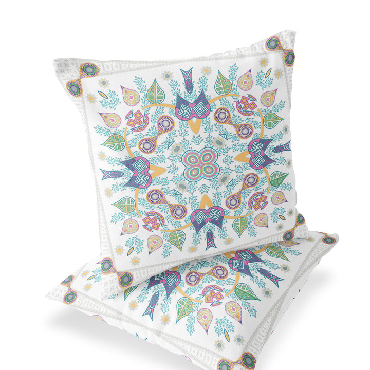 Set of Two 16" X 16" Yellow and White Blown Seam Paisley Indoor Outdoor Throw Pillow