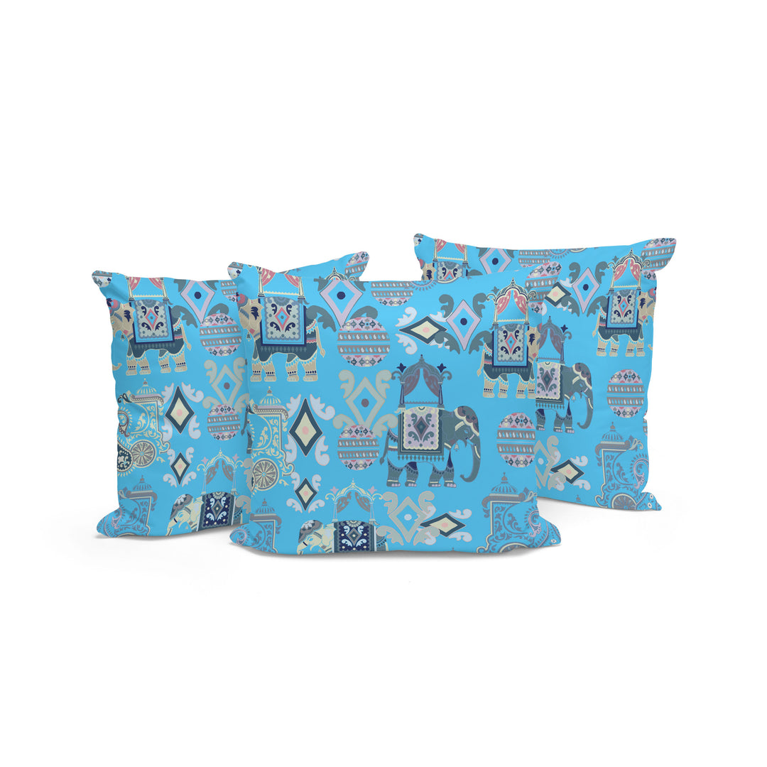 Set of Three 16" X 16" Blue and Gray Elephant Abstract Indoor Outdoor Throw Pillow