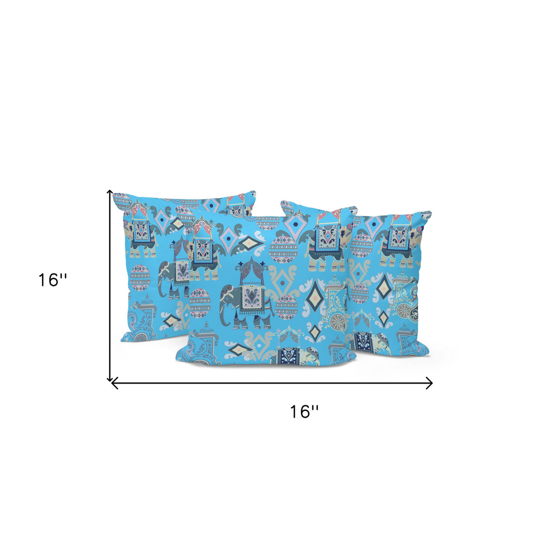 Set of Three 16" X 16" Blue and Gray Elephant Abstract Indoor Outdoor Throw Pillow