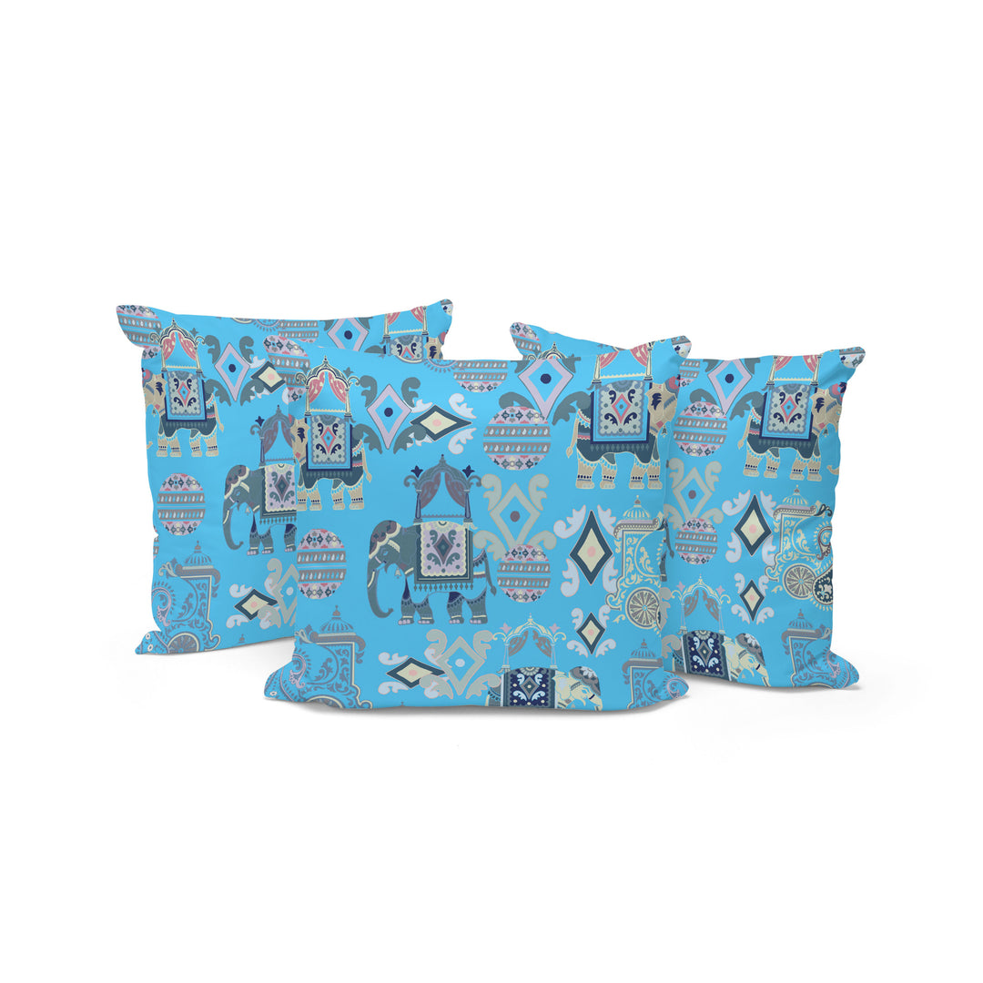 Set of Three 16" X 16" Blue and Gray Elephant Abstract Indoor Outdoor Throw Pillow