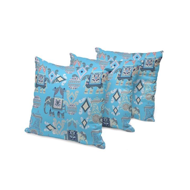 Set of Three 16" X 16" Blue and Gray Elephant Abstract Indoor Outdoor Throw Pillow