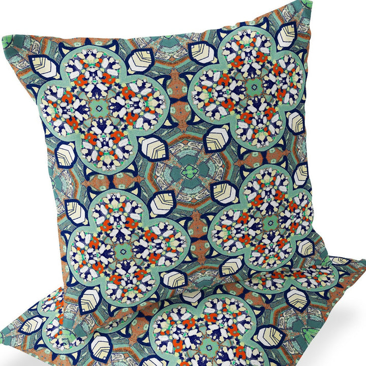 Set of Two 16" X 16" Green and White Blown Seam Floral Indoor Outdoor Throw Pillow