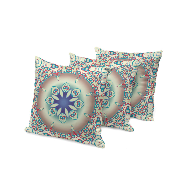 Set of Three 16" X 16" Beige and Blue Abstract Indoor Outdoor Throw Pillow