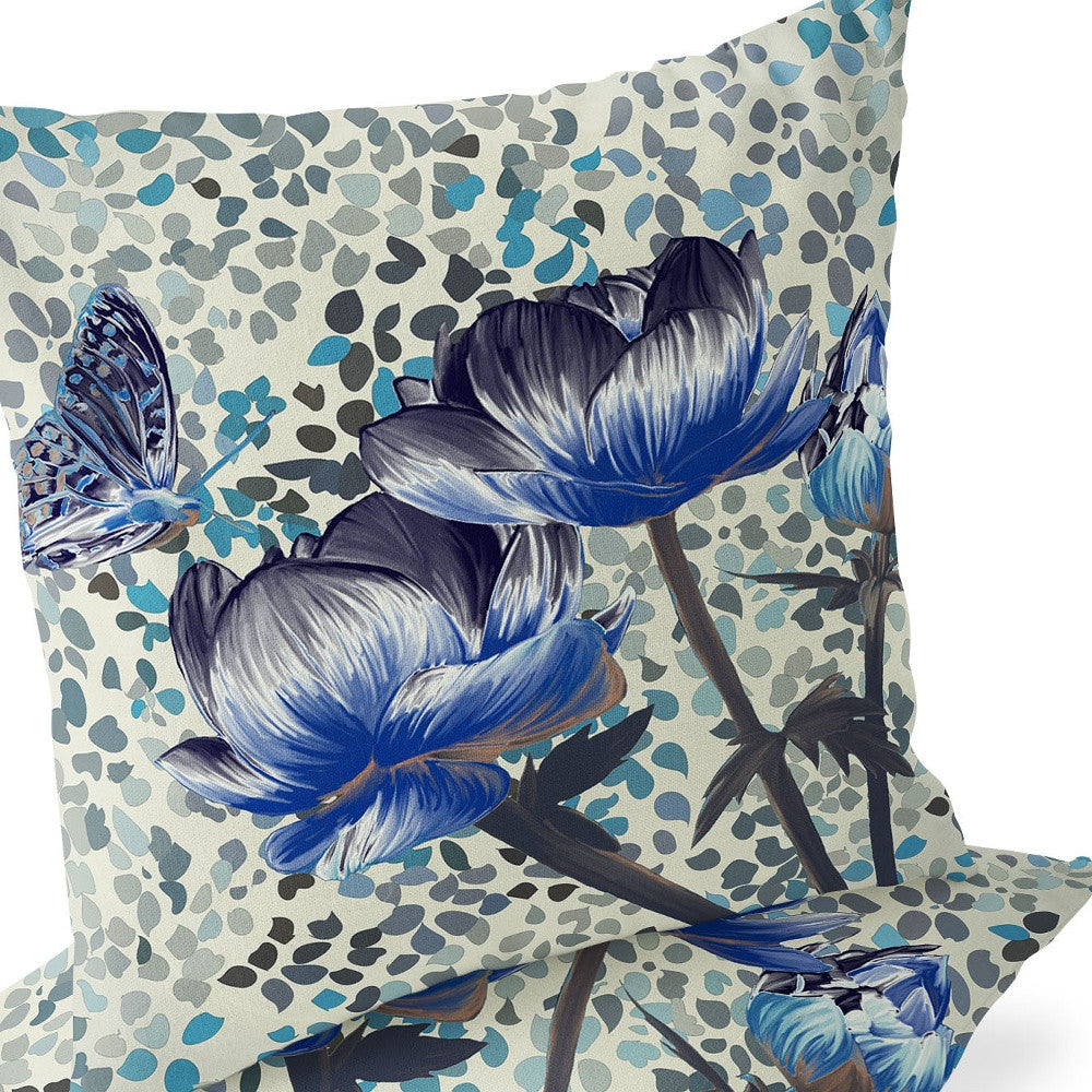 Set of Two 16" X 16" Blue and Green Butterfly Blown Seam Floral Indoor Outdoor Throw Pillow