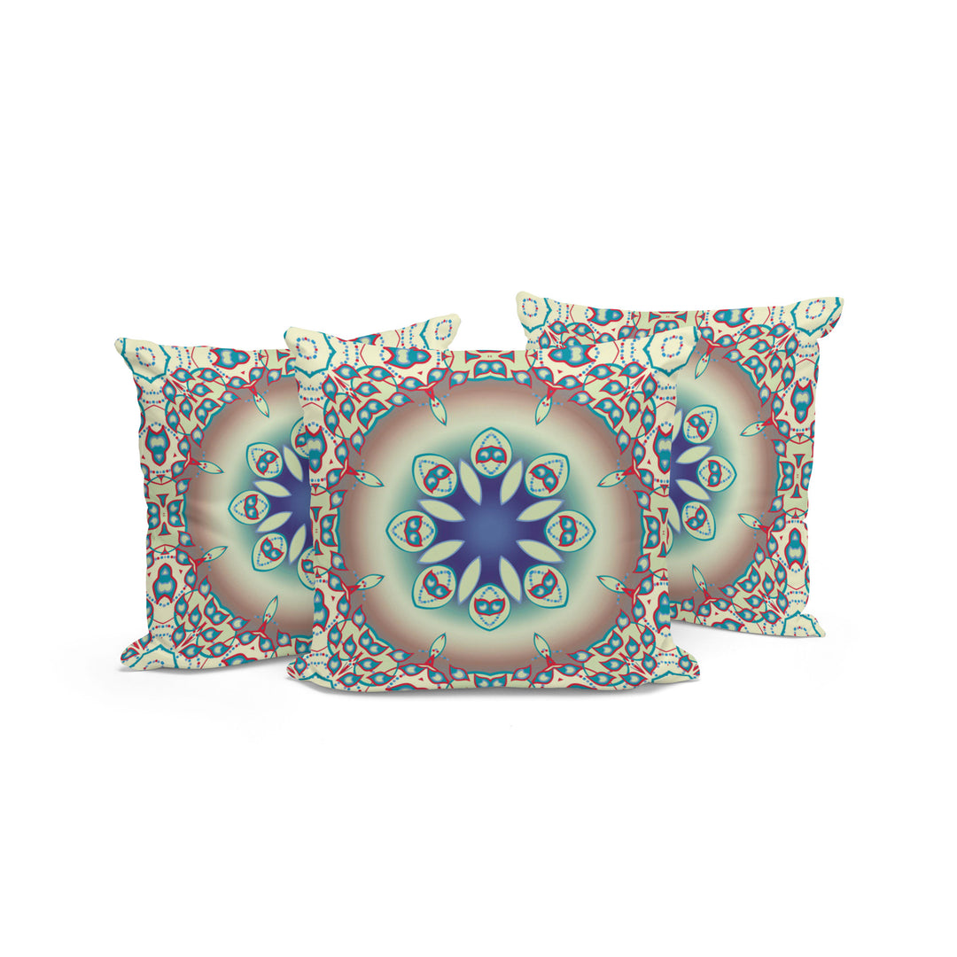 Set of Three 16" X 16" Beige and Blue Abstract Indoor Outdoor Throw Pillow