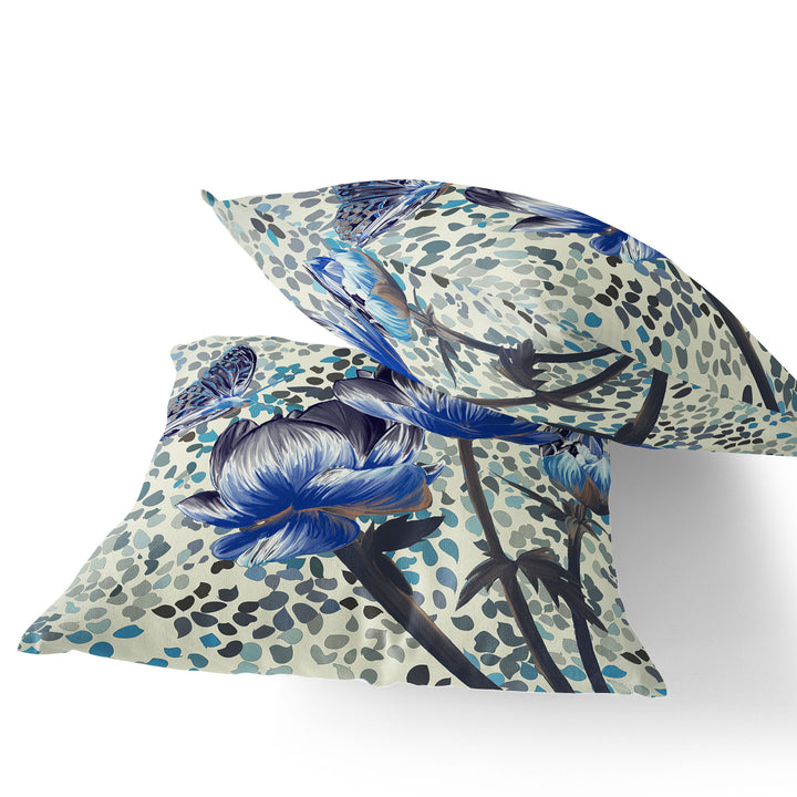 Set of Two 16" X 16" Blue and Green Butterfly Blown Seam Floral Indoor Outdoor Throw Pillow