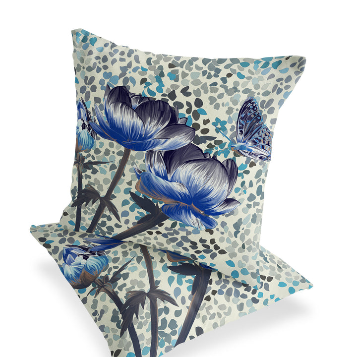 Set of Two 16" X 16" Blue and Green Butterfly Blown Seam Floral Indoor Outdoor Throw Pillow