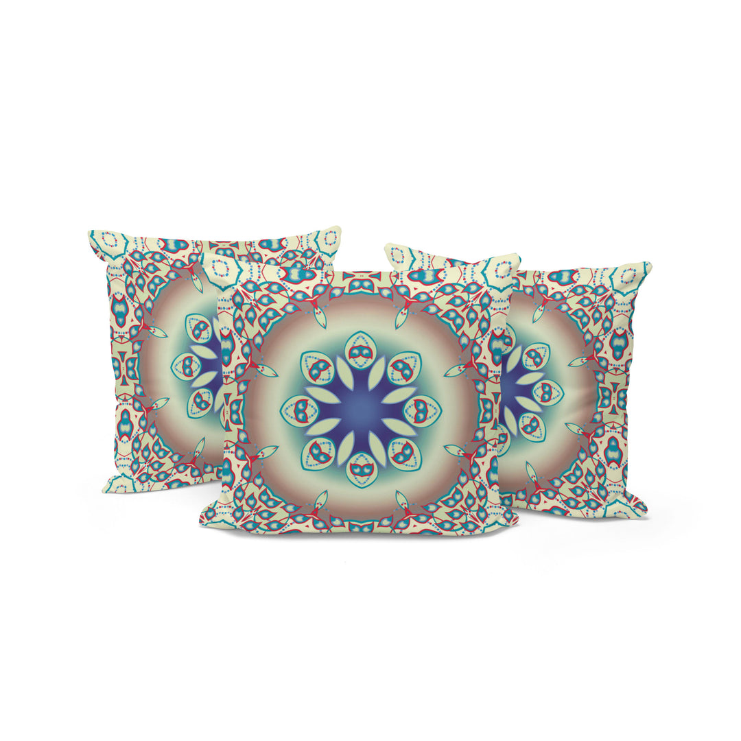 Set of Three 16" X 16" Beige and Blue Abstract Indoor Outdoor Throw Pillow