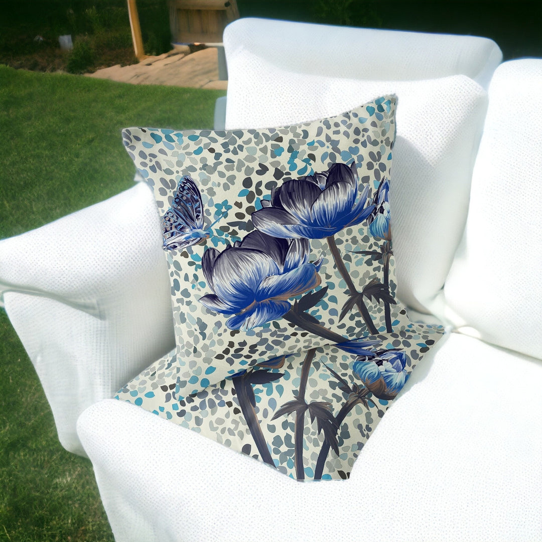 Set of Two 16" X 16" Blue and Green Butterfly Blown Seam Floral Indoor Outdoor Throw Pillow