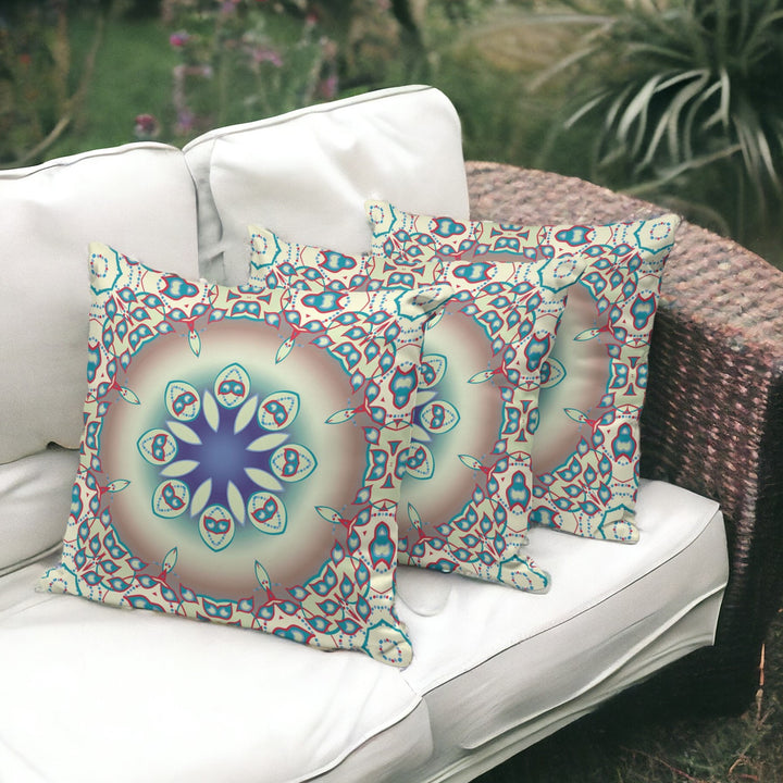 Set of Three 16" X 16" Beige and Blue Abstract Indoor Outdoor Throw Pillow