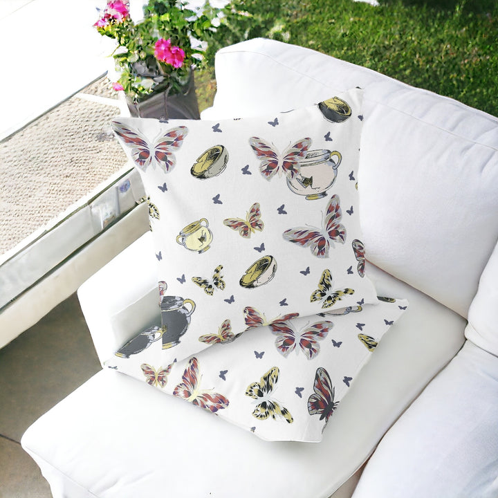 Set of Two 16" X 16" Blue and White Butterfly Blown Seam Animal Print Indoor Outdoor Throw Pillow