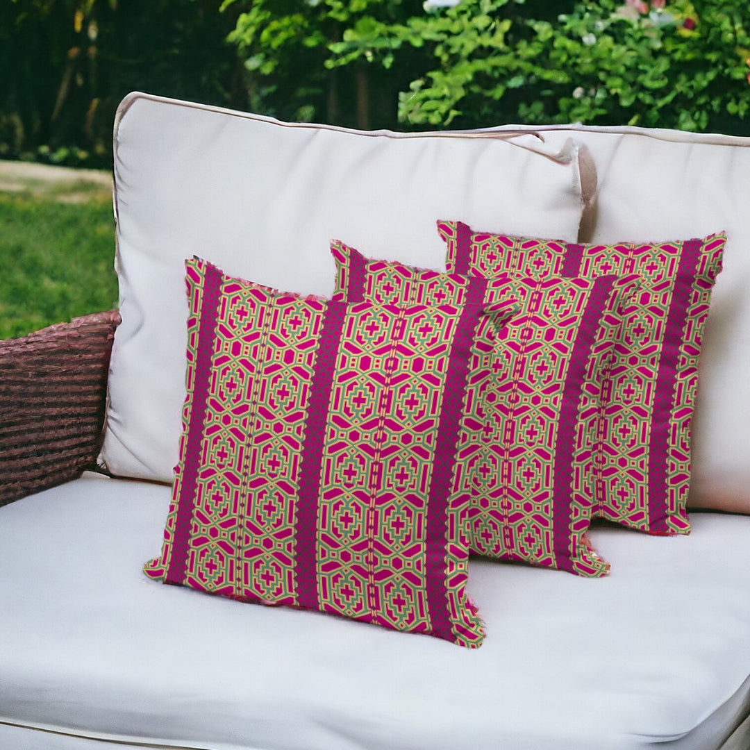 Set of Three 16" X 16" Pink and Green Striped Indoor Outdoor Throw Pillow