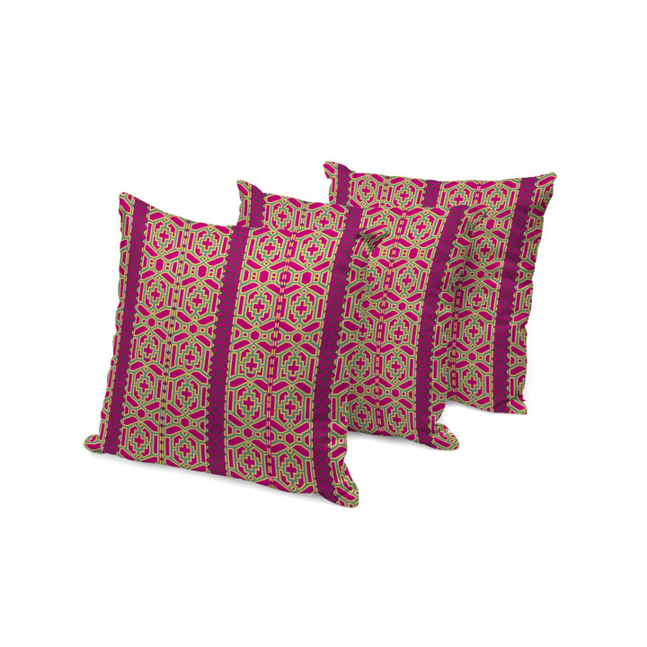 Set of Three 16" X 16" Pink and Green Striped Indoor Outdoor Throw Pillow