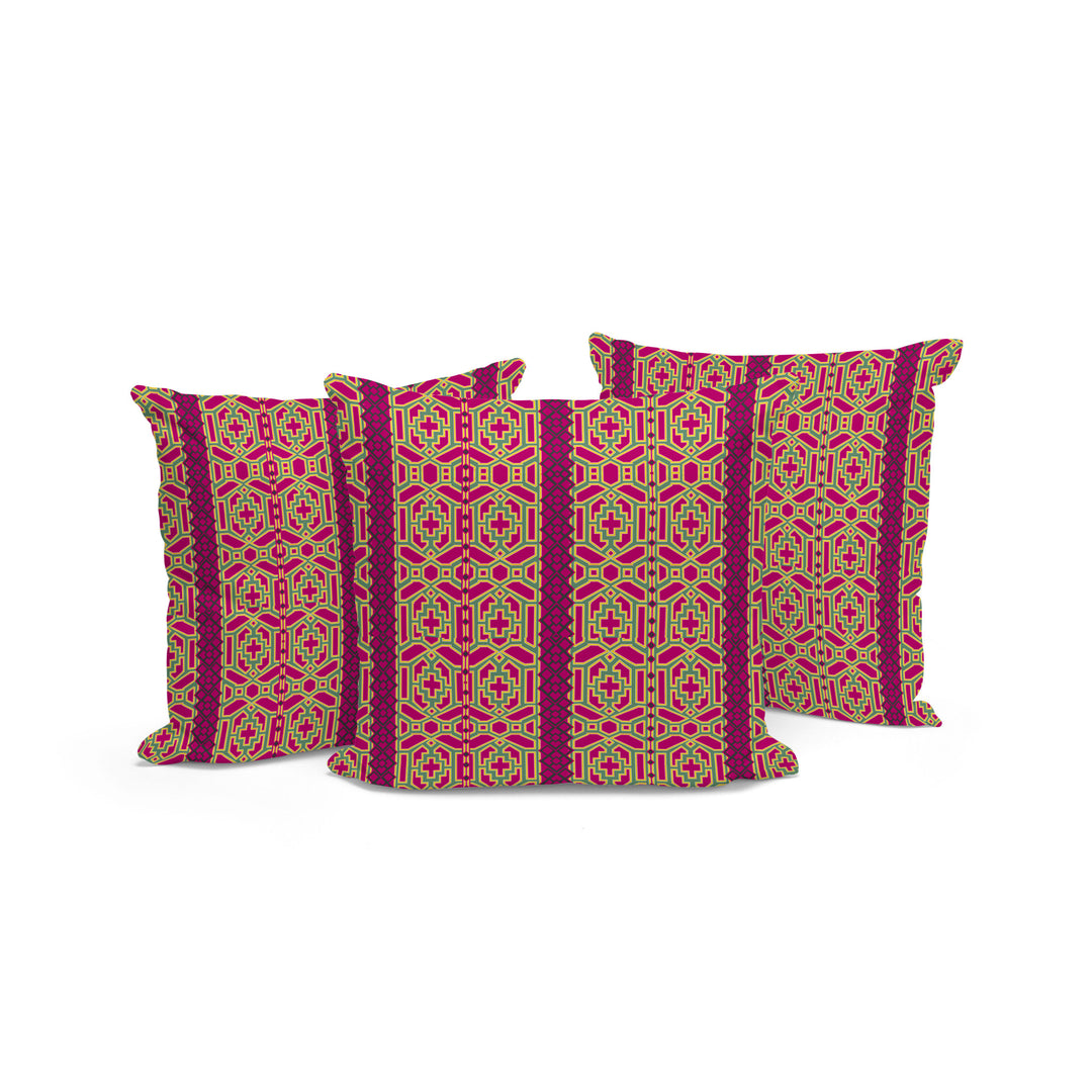 Set of Three 16" X 16" Pink and Green Striped Indoor Outdoor Throw Pillow