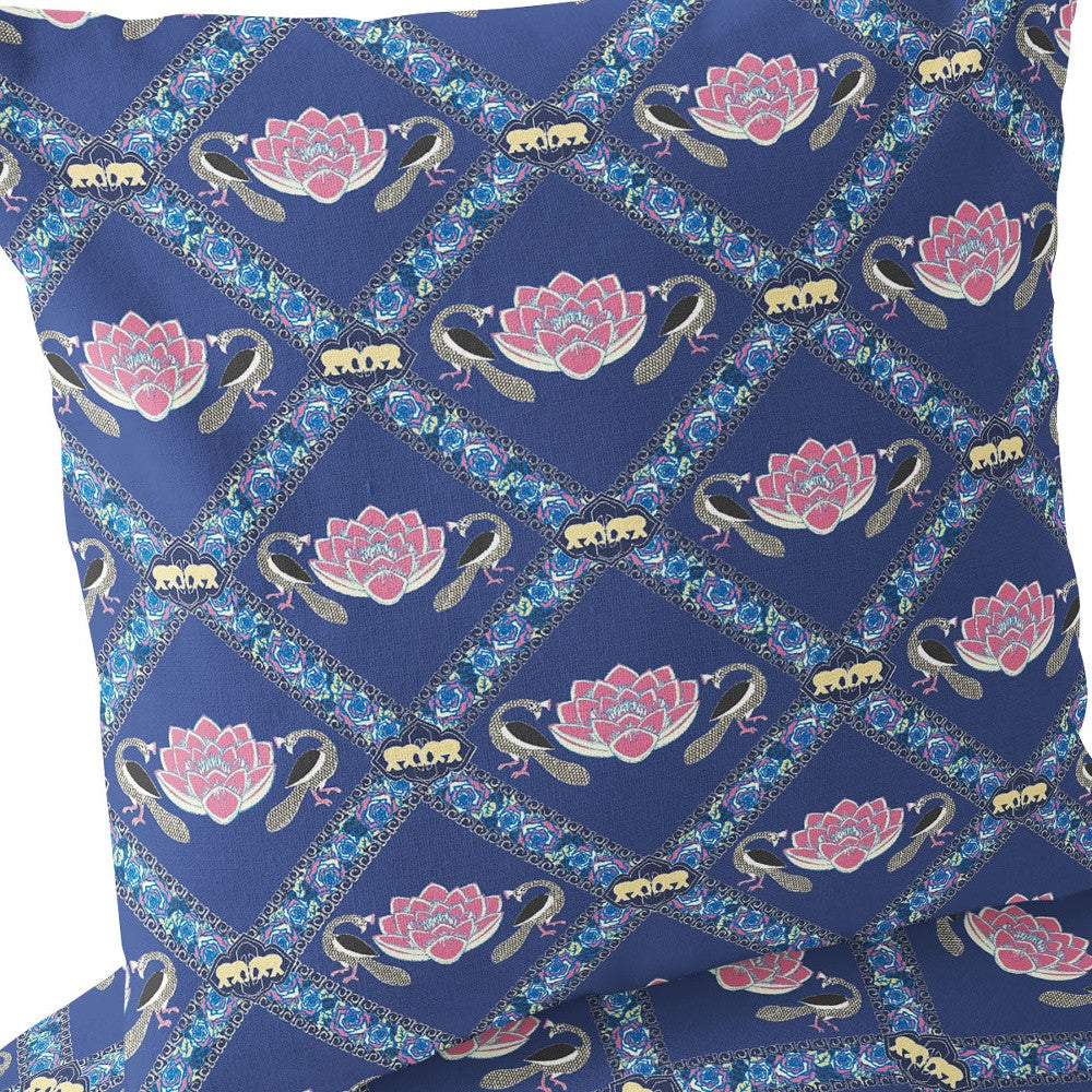 Set of Two 16" X 16" Blue and Purple Peacock Blown Seam Floral Indoor Outdoor Throw Pillow