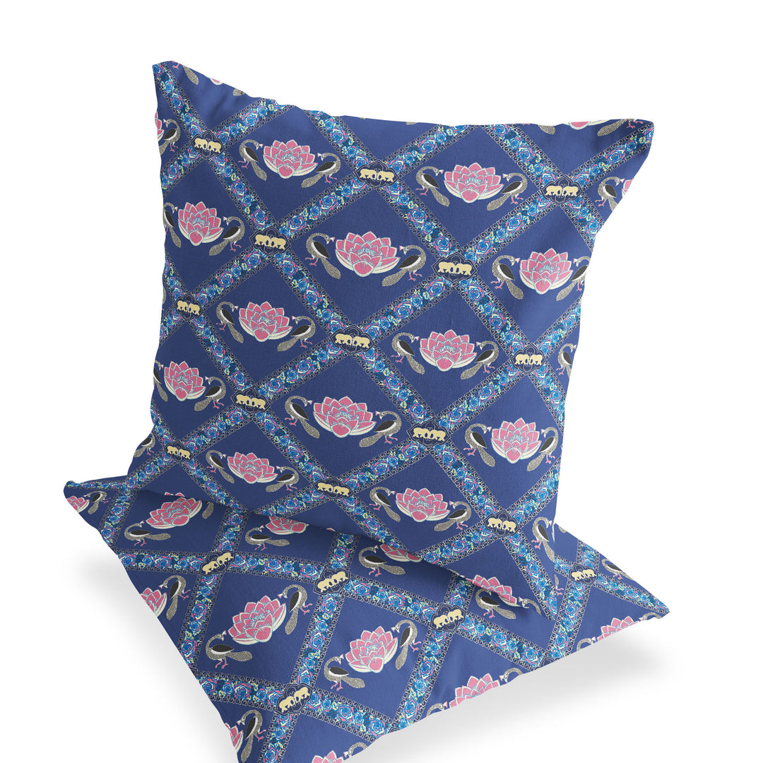 Set of Two 16" X 16" Blue and Purple Peacock Blown Seam Floral Indoor Outdoor Throw Pillow