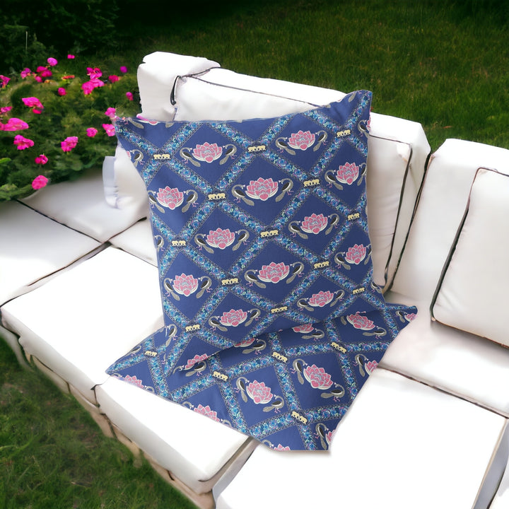 Set of Two 16" X 16" Blue and Purple Peacock Blown Seam Floral Indoor Outdoor Throw Pillow