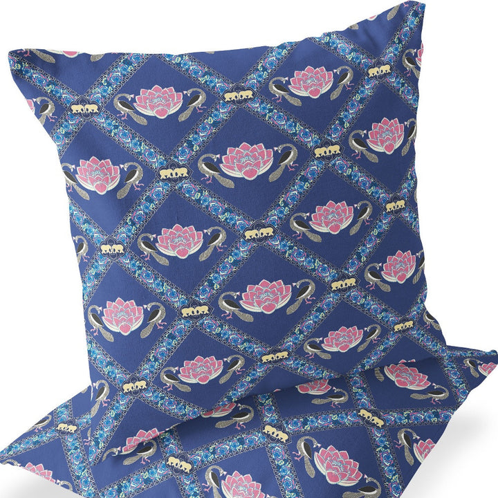 Set of Two 16" X 16" Blue and Purple Peacock Blown Seam Floral Indoor Outdoor Throw Pillow