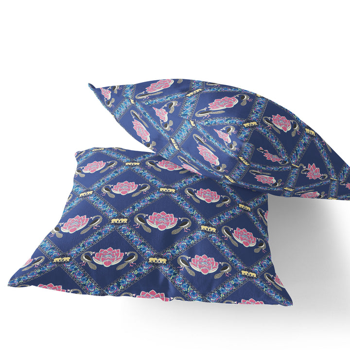 Set of Two 16" X 16" Blue and Purple Peacock Blown Seam Floral Indoor Outdoor Throw Pillow