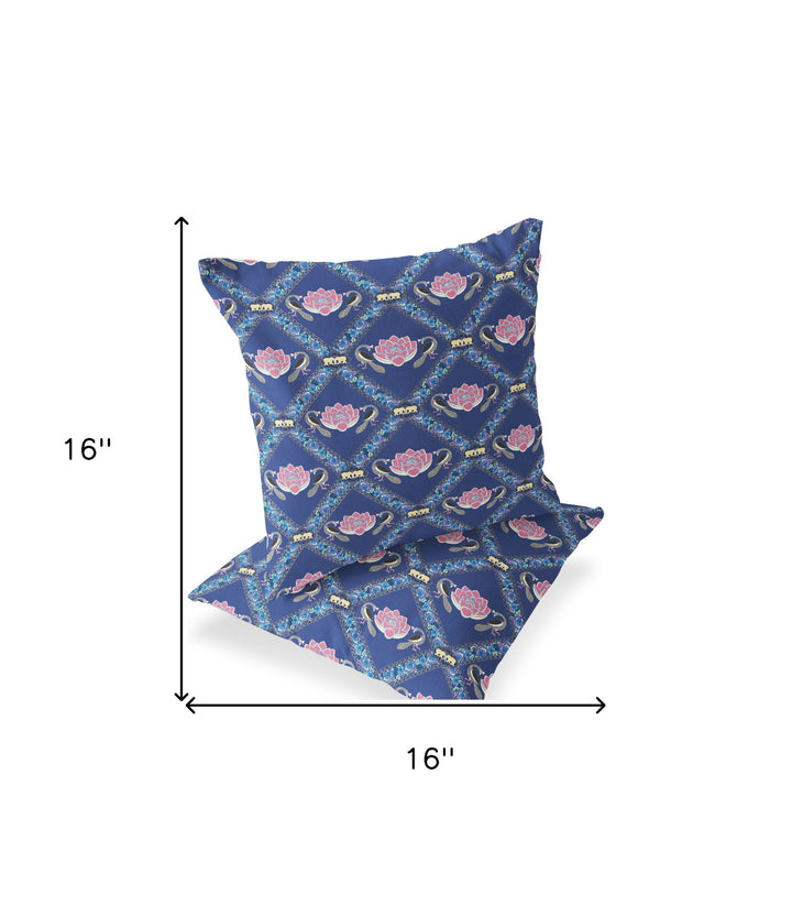 Set of Two 16" X 16" Blue and Purple Peacock Blown Seam Floral Indoor Outdoor Throw Pillow