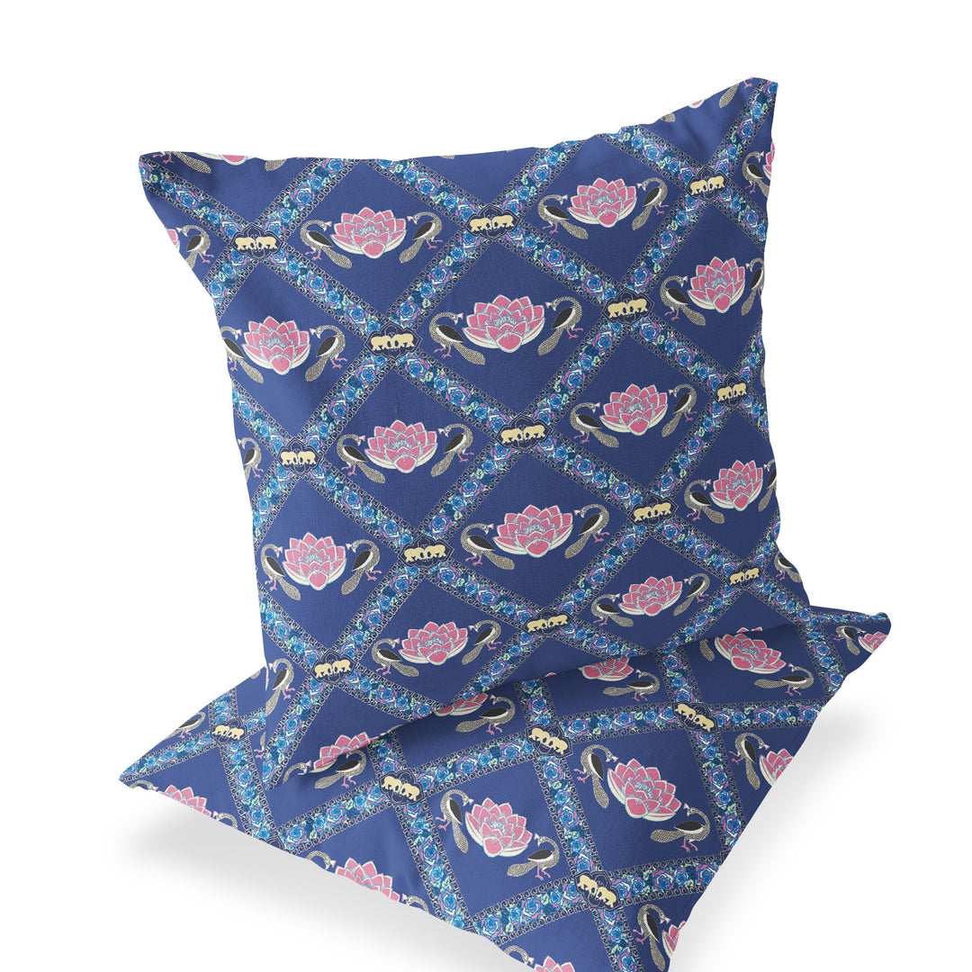 Set of Two 16" X 16" Blue and Purple Peacock Blown Seam Floral Indoor Outdoor Throw Pillow