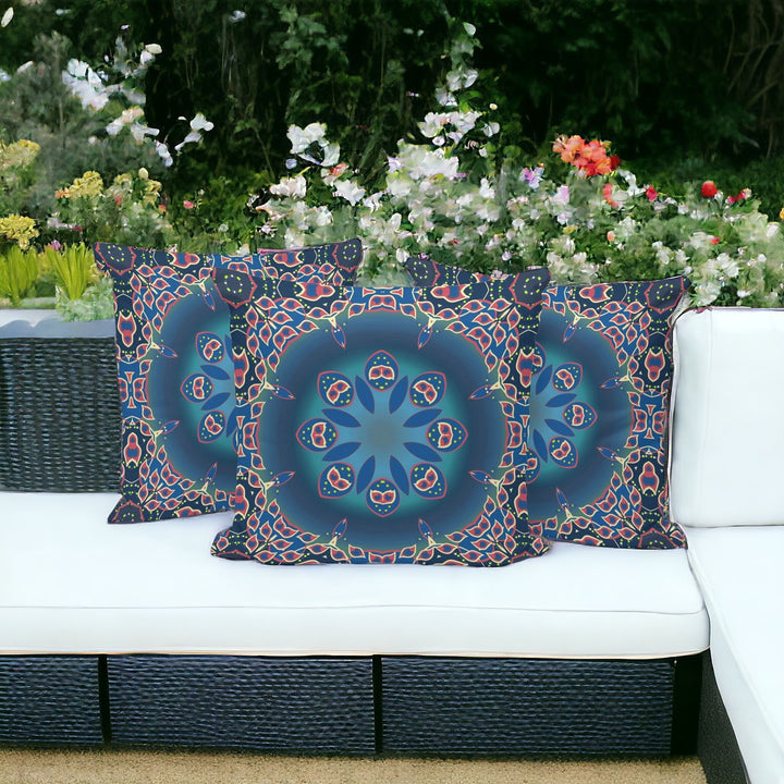 Set of Three 16" X 16" Blue and Pink Abstract Indoor Outdoor Throw