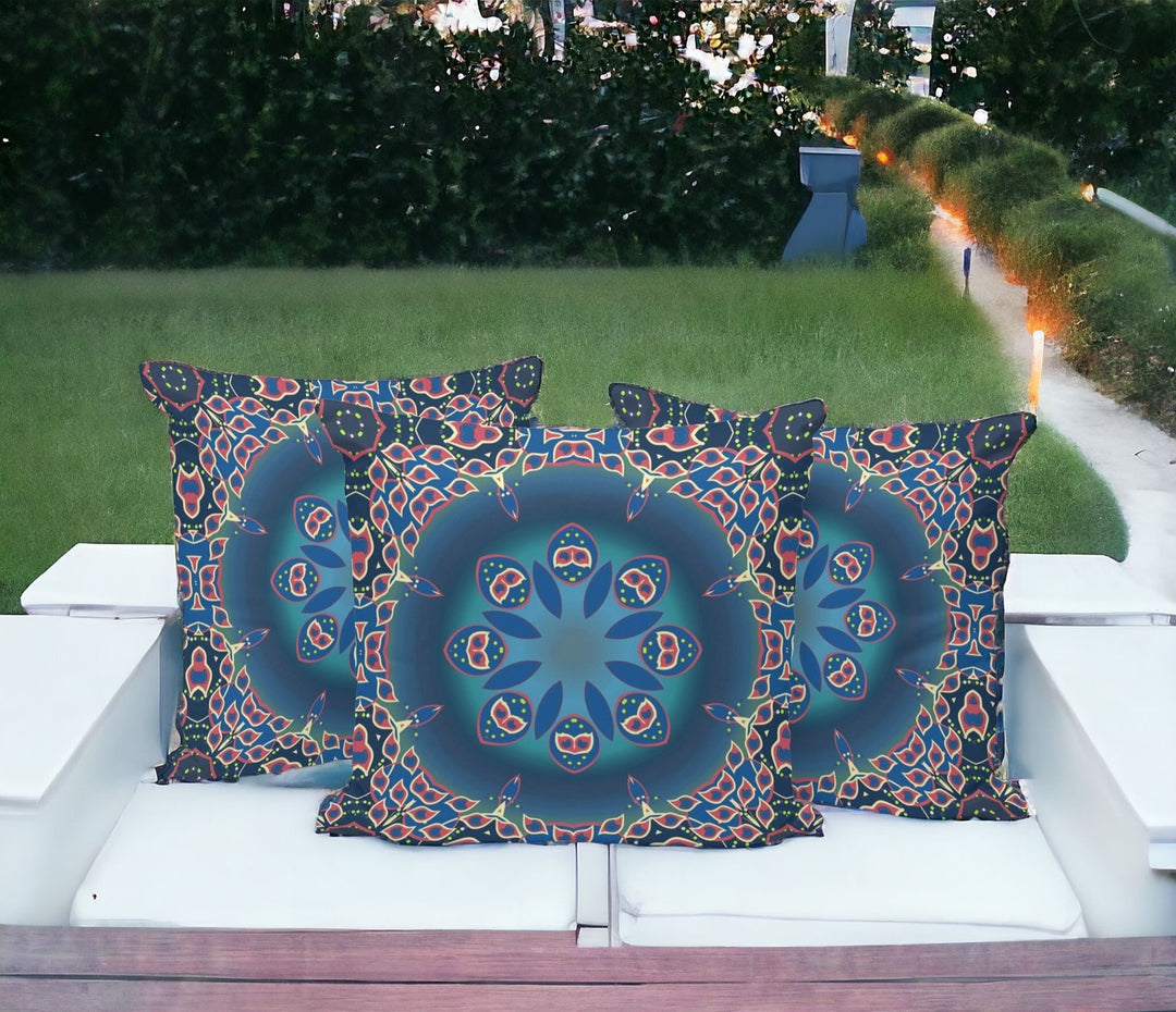 Set of Three 16" X 16" Blue and Pink Abstract Indoor Outdoor Throw