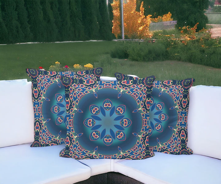 Set of Three 16" X 16" Blue and Pink Abstract Indoor Outdoor Throw